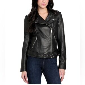 GUESS Women's Asymmetric Belted Leather Moto Jacket